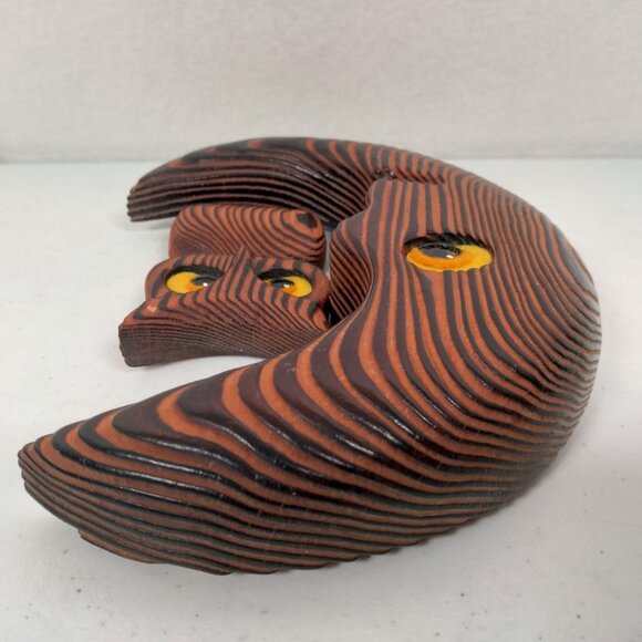 Anthropomorphic Crescent Moon And Owl Wall Hanging Carved Wood Wooden Vintage - Picture 7 of 12
